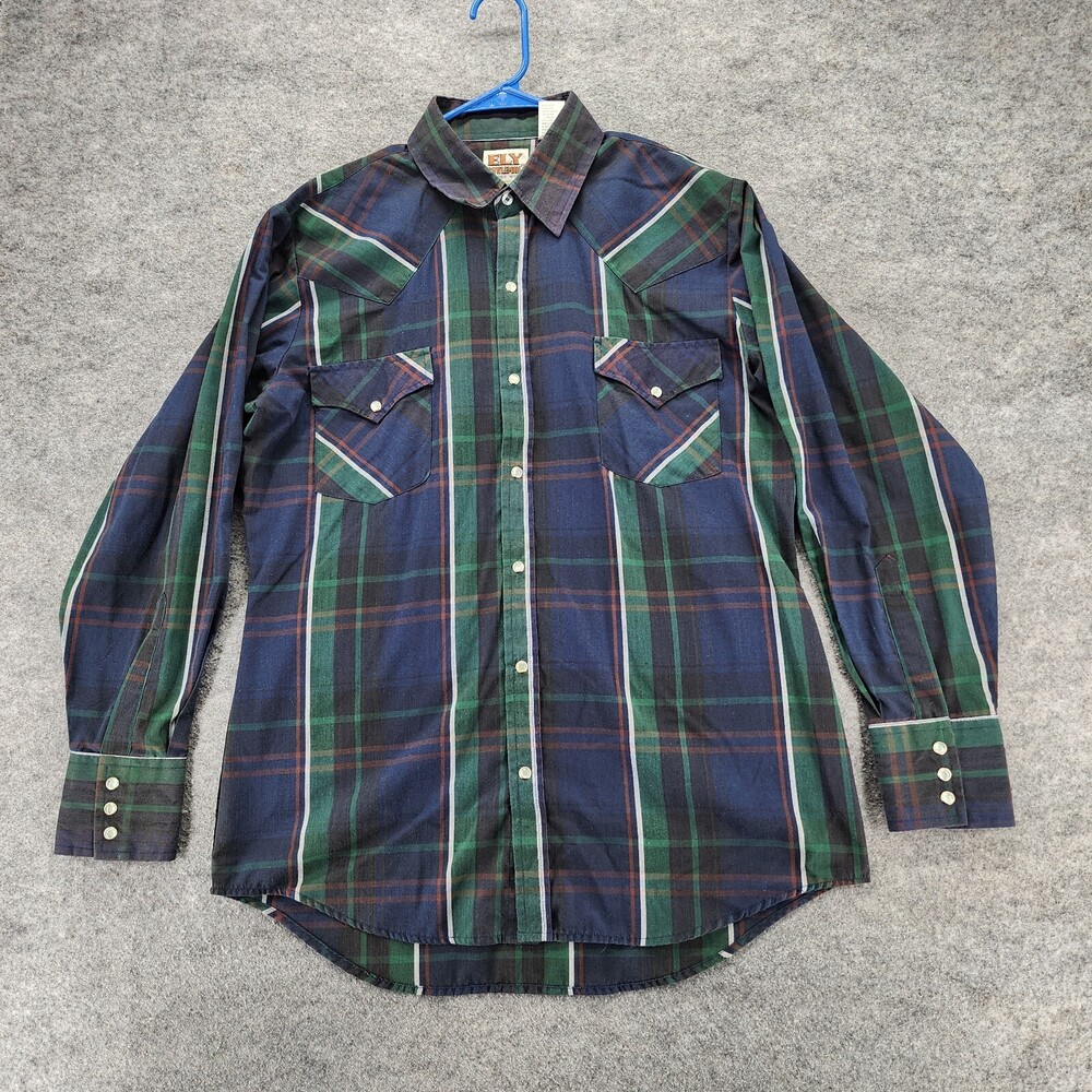 Vintage Ely Cattleman Shirt Mens Medium Pearl Snap Blue Green Plaid Long Sleeve